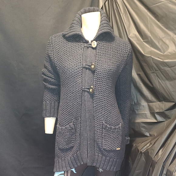 Roots Sweaters - Vintagr Roots Women's Dark Blue Cardigan with Toggle Closures Size L